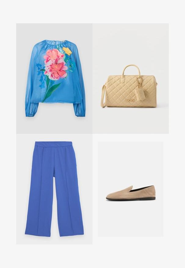 Lyseblå gennemsigtig bluse med lange ærmer, prydet med store blomsterprints i pink, gult og grønt. Elastiske manchetter og samlet halsudskæring.; Bredde benbukser lavet af blødt, strækbart stof i lys blå. Har en flad talje og to forskydninger foran for ekstra designdetalje.; Beige ruskind slip-on loafer med sort sål, lav hæl og rund tå, vist fra siden på hvid baggrund.; Beige quiltet håndtaske med dobbelte håndtag, aftagelig skulderrem, guldkæde-nøglering og gyldent dekorativt spænde foran.
