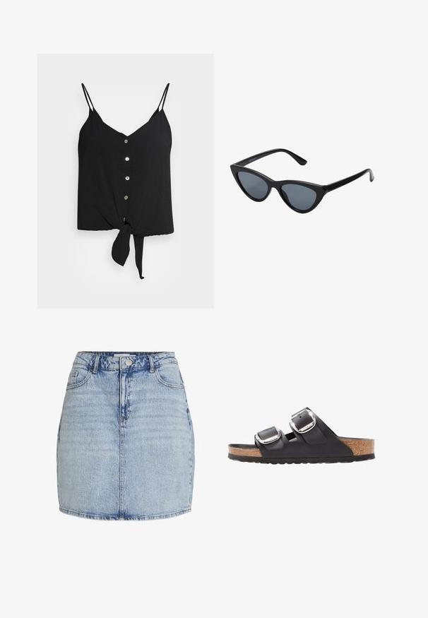 Zwarte cami met dunne spaghettibandjes, v-hals, knoopsluiting aan de voorkant en een geknoopte onderrand. Gemaakt van lichtgewicht stof met een gladde textuur.; Lichtblauwe denim mini-jurk met een sluiting met knopen en rits aan de voorkant, riemlussen en voorzakken.; Zwarte sandaal met twee verstelbare banden, zilveren gespen en een kurken voetbed op een gestructureerde zwarte rubberen zool.; Zwarte cat-eye zonnebril met donkergrijze lenzen, slank plastic frame, puntige hoeken en rechte pootjes. Geen zichtbare hardware of accenten.