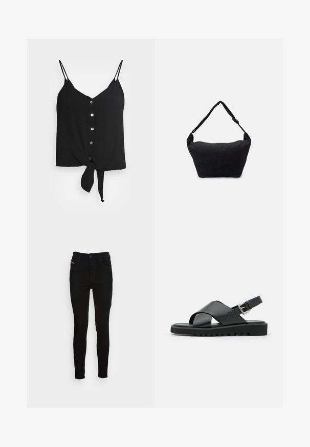 Zwarte cami met dunne spaghettibandjes, v-hals, knoopsluiting aan de voorkant en een geknoopte onderrand. Gemaakt van lichtgewicht stof met een gladde textuur.; Zwarte, stretch denim skinny jeans met een hoge taille, voorzien van vijf zakken en een ritsluiting. Eenvoudig ontwerp met minimale details.; Zwarte leren sandalen met een kruisbandontwerp, verstelbare gesp en een gestructureerde zool met ribbels voor grip.; Zwarte stoffen schoudertas met een zachte, gestructureerde oppervlakte, ronde vorm en een enkele strap. Minimalistisch ontwerp zonder zichtbare hardware of accenten.