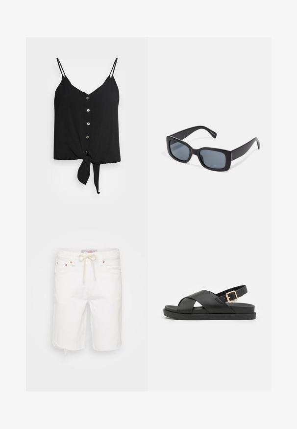 Camisole noire avec fines bretelles, décolleté en V, fermeture à boutons à l'avant et ourlet inférieur noué. Fabriquée en tissu léger avec une texture lisse.; Shorts en denim blanc avec un ourlet effiloché, featuring une taille à cordon, cinq poches et des accents en métal couleur cuivrée.; Sandales à talon ouvert noires avec des bride croisées, fabriquées en matière texturée. Elles présentent une semelle plate et un accent de boucle dorée au talon.; Lunettes de soleil rectangulaires noires avec des verres teintés foncés, monture en plastique épaisse et branches larges. Surface lisse et design angulaire.