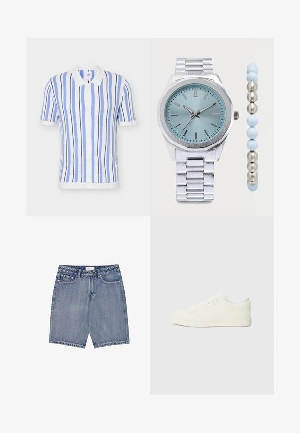 Kurzärmliges Poloshirt mit vertikalen blauen, weißen und marineblauen Streifen, weißem Kragen, Knopfleiste sowie gerippten Bündchen und Saum.; Jeansshorts mit einem hellblauen Washed-Effekt, ausgestattet mit fünf Taschen, Gürtelschlaufen und kontrastierenden Nähten. Gerader Schnitt mit einem rohen Saum.; Weiße Sneaker mit einer glatten Oberflächenstruktur, runder Zehenpartie und traditioneller Schnürung, im minimalistischen Design und mit Gummisohle.; Silberne Metallarmbanduhr mit hellblauem Zifferblatt und passendem silber-blauem Perlenarmband auf weißem Hintergrund.