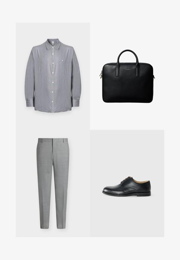 Chemise à manches longues pour homme avec fines rayures grises et blanches, col pointu, et petit logo blanc brodé sur la poitrine.; Pantalon de costume gris clair sur mesure avec passants de ceinture, devant plat et coupe droite sur fond blanc.; Calvin Klein ESS DERBY - Derbies - triple black; Mallette en cuir noir texturé avec double poignées et tirettes de fermeture éclair argentées, centrée sur fond blanc.