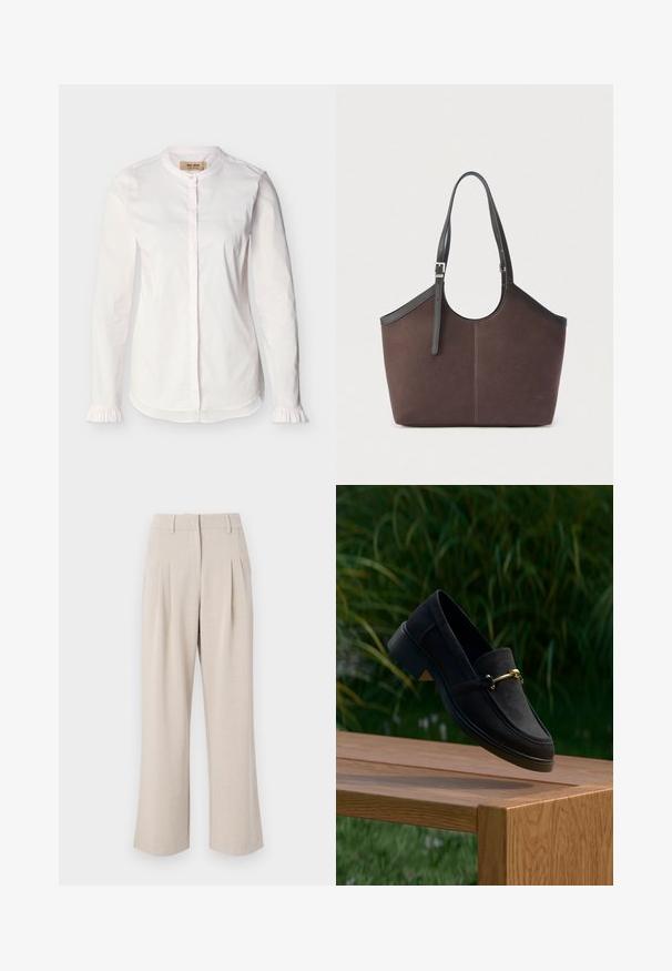 Blouse blanche à manches longues avec col mao, patte de boutonnage dissimulée, fines rayures verticales et poignets à volants, présentée sur un fond uni.; Pantalons larges beige à taille haute, dotés de plis à l'avant, d'une texture lisse et d'un design ajusté. Pas de poches visibles ni de décorations.; Mocassin en daim noir avec mors métallique doré flottant au-dessus d’un banc en bois, sur fond naturel vert flou.; Sac fourre-tout marron avec bretelles d’épaule noires réglables et boucle argentée, texture lisse, design simple et structuré sur un fond uni.
