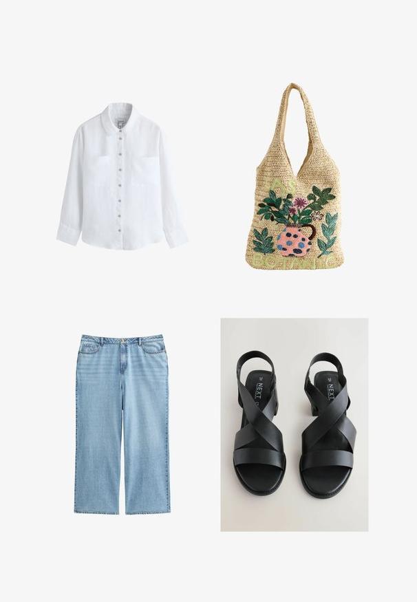 Wit overhemd met lange mouwen, knopen, twee borstzakken, klassieke kraag en zichtbare knopen aan de voorkant.; Lichtblauwe denim culottes met een hoge taille, brede benen en een vijf-pocket ontwerp met contrasterende stiksels en een knoopsluiting.; Zwarte sandalen met een kruislings ontwerp, gemaakt van glad synthetisch materiaal, met een lage hak en een gevormde voetbed voor comfort.; Beige geweven draagtas met een roze polkadot vaas met groene bladeren en paarse bloemen, met "LAS BOTANIC" geborduurd in lichtgroen.