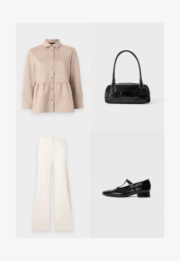 Chemise en daim beige avec un col, fermeture à boutons sur le devant et taille peplum. Elle possède de longues manches et une texture lisse avec de petits boutons.; ONLY Wide-fit ONLMADISON High waist Wide Leg Fit - Wide Leg - ecru; Chaussures Mary Jane en cuir noir avec bout pointu, petit talon carré et bride ajustable avec une boucle argentée. Texture lisse et brillante.; Sac à main en cuir noir de forme rectangulaire, doté d'une seule ansse structurée, de quincaillerie argentée et d'une fermeture éclair. Texture lisse.