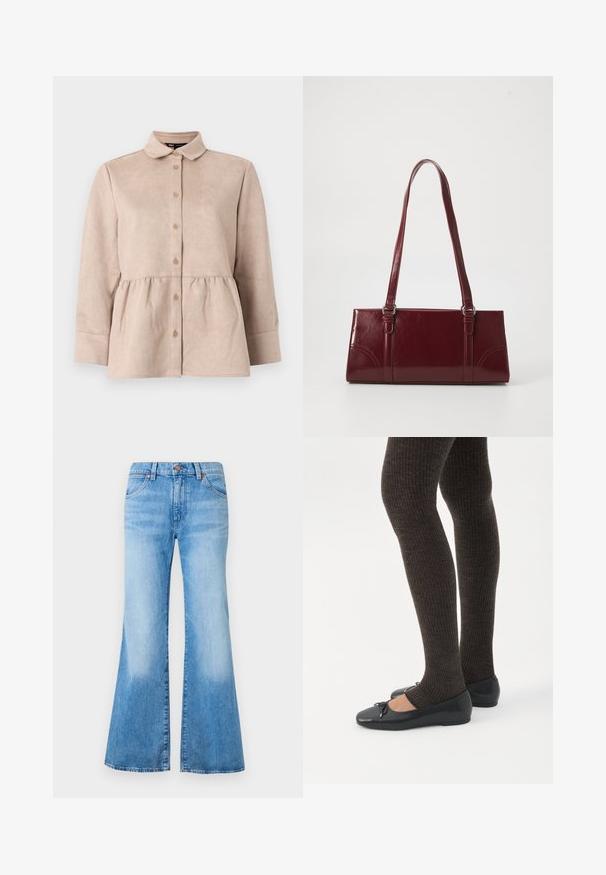 Beige Wildlederhemd mit Kragen, durchgängigem Knopfverschluss und Peplum-Taille. Verfügt über lange Ärmel und eine glatte Textur mit kleinen Knöpfen.; Hellblaue Schlagjeans mit hoher Taille, aus Denim gefertigt. Verfügt über zwei Vorderaschen und Metallknopf-Akzente. Ausgewaschene Textur auf dem Stoff.; Beine in dunklen, gerippten Leggings kombiniert mit schwarzen Ballerinas mit kleinen Schleifendetails auf weißem Hintergrund.; Burgunderfarbene Handtasche aus glänzendem Material, rechteckige Form, mit zwei Schulterriemen und subtilen, geschwungenen Akzenten an der Vorderseite.
