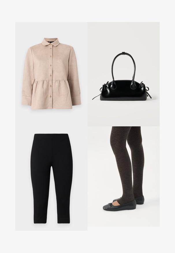 Chemise en daim beige avec un col, fermeture à boutons sur le devant et taille peplum. Elle possède de longues manches et une texture lisse avec de petits boutons.; Leggings capri noirs en tissu extensible, offrant une coupe ajustée et une texture lisse, sans motifs ni accents visibles.; Jambes portant des leggings côtelés foncés associés à des ballerines noires avec de petits détails en nœud sur fond blanc.; Petit sac à main noir brillant avec deux longues anses et des détails à cordon sur les côtés sur un fond clair uni.