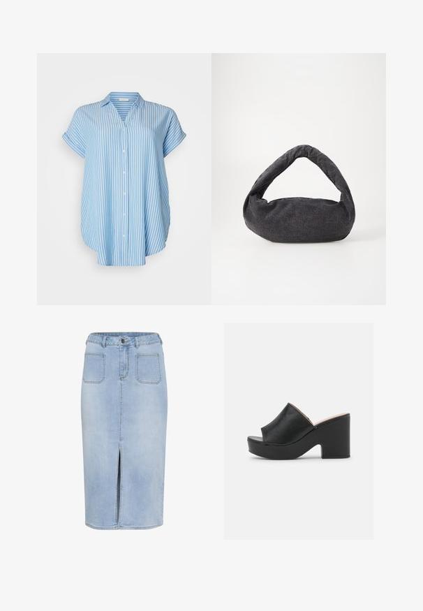 Chemise boutonnée bleu clair avec des rayures verticales blanches. Manches courtes, coupe décontractée, tissu léger et un col.; Jupe midi en denim bleu clair avec une fente avant, cinq poches, une taille cintrée avec passants de ceinture et une fermeture à bouton.; Des mules ouvertes en cuir noir présentent une large lanière avant et un talon en plateforme épais et haut avec une texture lisse. Vue de côté présentée.; Sac en tissu gris foncé avec une anse courbée, texture douce et forme arrondie. Pas de matériel ou d'embellissements visibles.