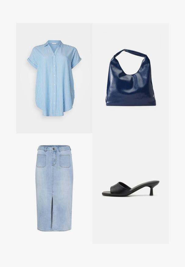 Button-up skjorte i lyseblå med hvide lodrette striber. Korte ærmer, afslappet pasform, letvægtsstof og krave.; Lys blå denim midi-nederdel med en forkortet slids, fem lommer og en tætsiddende talje med bæltestropper og knaplukning.; Sorte slidesandaler med en glat læderoverdel, åben tå og en lav, blank hæl. Minimalistisk design med en buet form og slank finish.; Marineblå kunstlæder skuldertaske med en blød, blank overflade, rund form og et enkelt, bredt håndtag for nem bæring.