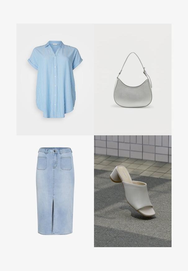 Košeľa na gombíky v svetlomodrej farbe s bielymi vertikálnymi prúžkami. Krátke rukávy, voľný strih, ľahká tkanina a golier.; Svetlomodrá denim midi sukňa s predným rozparkom, piatimi vreckami a priliehavým pásom s pútkami na opasok a gombíkovým zapínaním.; Jeden biely otvorený mule s hrubým podpätkom na dláždenej zemi blízko obkladanej steny, naklonený tak, aby sa ukázal bočný a horný pohľad.; Strieborná taška z faux kože s krivým tvarom, krátkym nastaviteľným popruhom a hladkou textúrou, s minimálnymi švy.