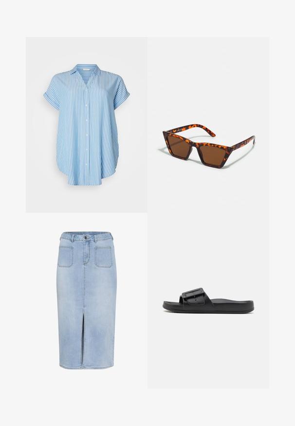 Lichtblauw overhemd met witte verticale strepen. Korte mouwen, relaxte pasvorm, lichte stof en een kraag.; Lichtblauwe denim midi-skirt met een voorkleur, vijf zakken en een fitted taille met riemlussen en een knoopsluiting.; Zwarte slidesandaal met een brede band, verstelbare gesp, platte zool en een gladde matte textuur. Eenvoudig ontwerp zonder extra patronen.; Bruin getinte zonnebril met een schildpadmotief, hoekig montuur en slanke armen. Lichtgewicht kunststof materiaal.