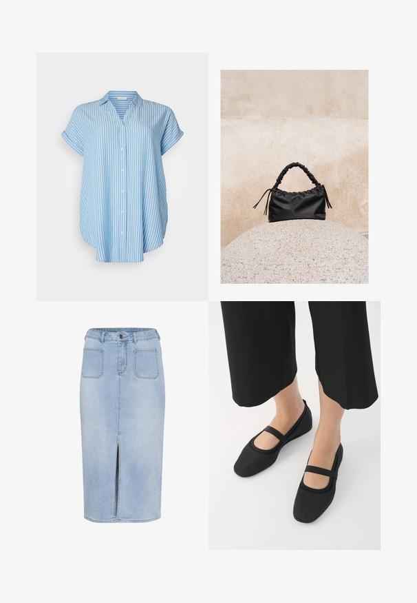 Button-up skjorte i lyseblå med hvide lodrette striber. Korte ærmer, afslappet pasform, letvægtsstof og krave.; Lys blå denim midi-nederdel med en forkortet slids, fem lommer og en tætsiddende talje med bæltestropper og knaplukning.; Sorte flade sko lavet af glat materiale, med rund tå og en kontrastfuld rem over vristen. Flad sål, minimalistisk design.; Sort håndtaske med rynkede detaljer og et samlet håndtag, hvilende på en tekstureret stensfære mod en beige betonvæg.