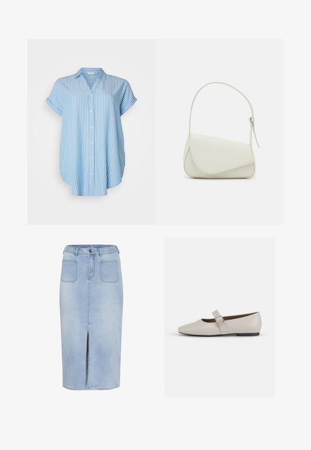 Button-up skjorte i lyseblå med hvide lodrette striber. Korte ærmer, afslappet pasform, letvægtsstof og krave.; Lys blå denim midi-nederdel med en forkortet slids, fem lommer og en tætsiddende talje med bæltestropper og knaplukning.; Beige læder Mary Jane flad sko med spids tå, ankelrem og en sølvspænde detalje, der har en lav sort hæl.; Hvid taske i faux læder med en struktureret trekantet form, enkelt justerbart skulderstrop og en flaplås med kurver.