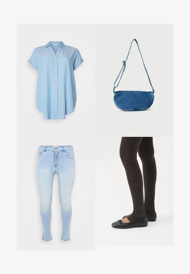 Button-up skjorte i lyseblå med hvide lodrette striber. Korte ærmer, afslappet pasform, letvægtsstof og krave.; Lyseblå skinny jeans lavet af denim, med fem lommer, lukning med knap og lynlås, og let slidte for et brugt udseende.; Ben iført mørke ribbede leggings kombineret med sorte balletsko med små sløjfedetaljer på hvid baggrund.; Blå denim crossbody taske med justerbar rem og lille metallisk logo foran, vist mod hvid baggrund.