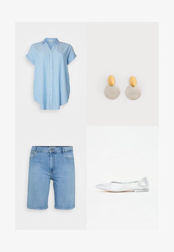 Hemd in Hellblau mit weißen vertikalen Streifen. Kurzarm, lockere Passform, leichtes Material und ein Kragen.; Helles blaues Denim-Shorts mit klassischem Schnitt, ausgestattet mit einem vorderen Knopfverschluss, Gürtelschlaufen und zwei Seitentaschen. Glatte Textur und gerader Saum.; Silberne Ballerinas mit spitzem Zehenbereich, glattem metallischem Finish und niedrigem flachem Absatz. Verfügt über weiche seitliche Akzente an der Ferse für eine bequeme Passform.; Ohrringe aus Gold und Silber mit einer runden Diskusbasis und einem ovalen Oberteil, glatte Textur und polierte Oberfläche.
