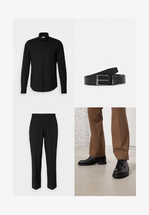 Chemise noire à manches longues en tissu lisse. Dotée d'un col classique, d'un patte de boutonnage et d'un ourlet droit. Aucune motif ou accent présent.; Pantalon noir en tissu lisse, présentant une coupe droite, des poches avant, un bouton simple de fermeture et sans motifs visibles.; Chaussures en cuir noir avec une surface lisse et un bout arrondi, dotées d'un système de laçage et d'une semelle plate et basse. Associées à un pantalon marron.; Ceinture en cuir noir avec une boucle en métal argenté rectangulaire, au design plat et à la texture lisse. Les extrémités s'effilent pour un enfilage facile.