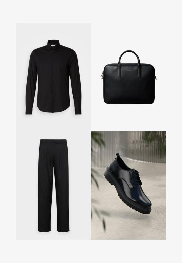 Camisa negra de manga larga hecha de tela suave. Presenta un cuello clásico, una botonera y un dobladillo recto. Sin patrones ni acentos presentes.; Pantalones negros de tela suave, con un diseño de pierna recta, dos pliegues frontales y una cintura estándar con trabillas para el cinturón.; Zapato de cuero negro con un acabado brillante, puntera redonda, diseño de cordones, costuras de contraste y una suela de goma gruesa con patrones de tracción.; Maletín de cuero negro texturizado con doble asa y tiradores de cremallera plateados, centrado sobre fondo blanco.