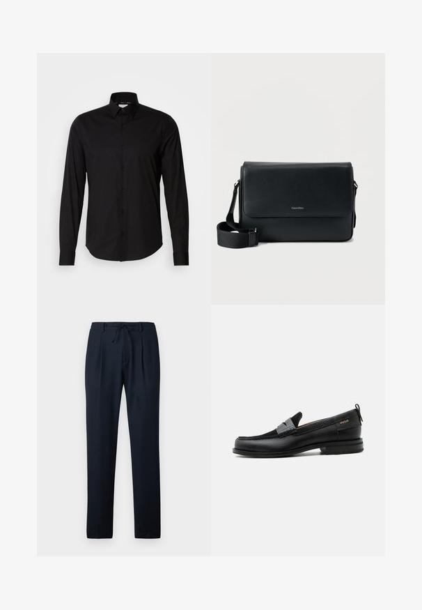 Chemise noire à manches longues en tissu lisse. Dotée d'un col classique, d'un patte de boutonnage et d'un ourlet droit. Aucune motif ou accent présent.; Pantalon bleu marine en tissu léger, avec un motif texturé, une finition plissée à l'avant et une taille élastique munie d'un cordon de serrage.; Mocassin en cuir noir avec détail de bride grise, talon bas et semelle texturée, marqué "HUGO" en or sur le côté.; Sac messager en cuir noir à surface texturée, avec une bandoulière ajustable et un rabat avant affichant un logo discret. Forme compacte et rectangulaire.
