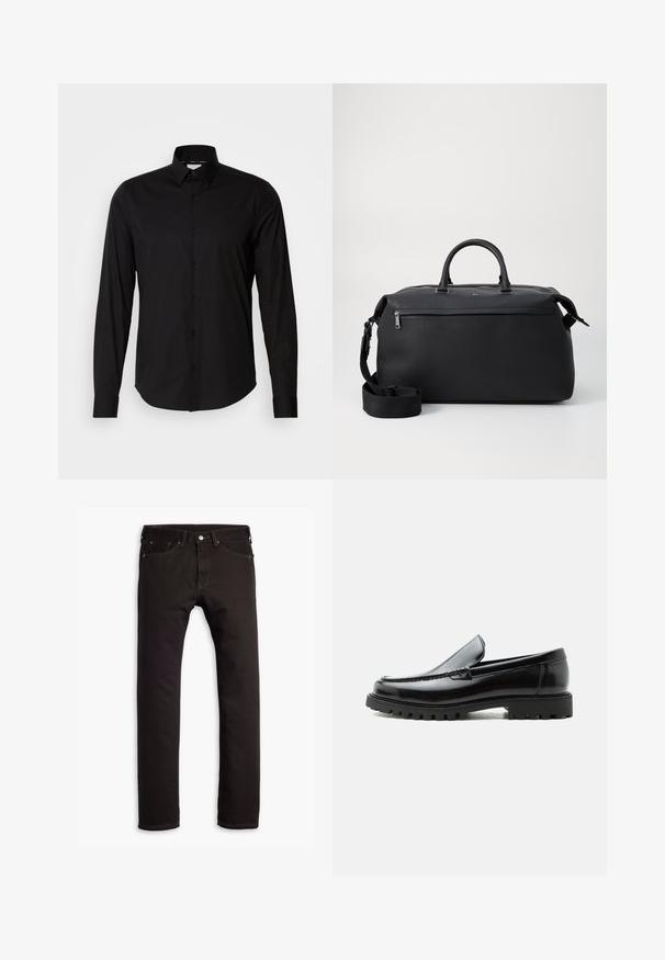 Zwarte langgemouwen shirt van gladde stof. Bevat een klassieke kraag, knoopsluiting en rechte zoom. Geen patronen of accenten aanwezig.; Zwarte slim-fit jeans met vijf zakken en knoopsluiting, plat weergegeven op een witte achtergrond.; Zwarte leren loafer met dikke rubberen zool, gestikte bovenkant en gegraveerde merknaam op de hiel, zijaanzicht op witte achtergrond.; Zwarte leren reistas met twee bovenhandvaten, een afneembare schouderband en een ritsvak aan de voorkant voor extra opbergruimte.