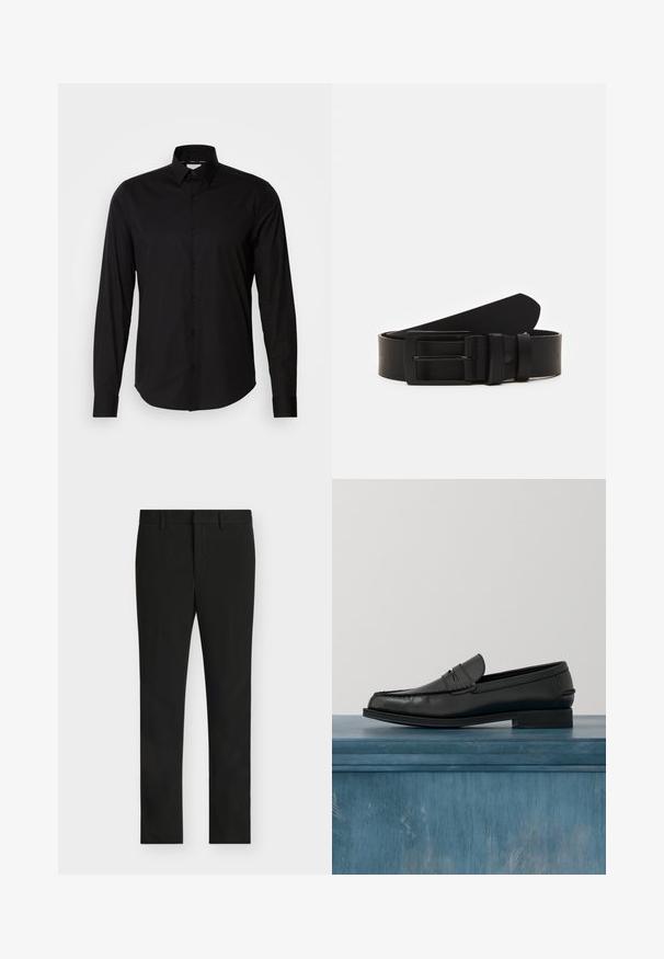 Sort langærmet skjorte lavet af glat stof. Har en klassisk krave, knappelukning og lige kant. Ingen mønstre eller accenter til stede.; Sorte slim fit bukser med bæltestropper, foran lynlås og fladt frontparti, vist på en lys grå baggrund.; Sorte læderloafers med et slankt design, der har syning ved tåen og en glat finish. Skoen har en lav hæl og minimal udsmykning.; Sort læderbælte rullet med en mat sort rektangulær metalspænde og to bæltesløjfer på en hvid baggrund.