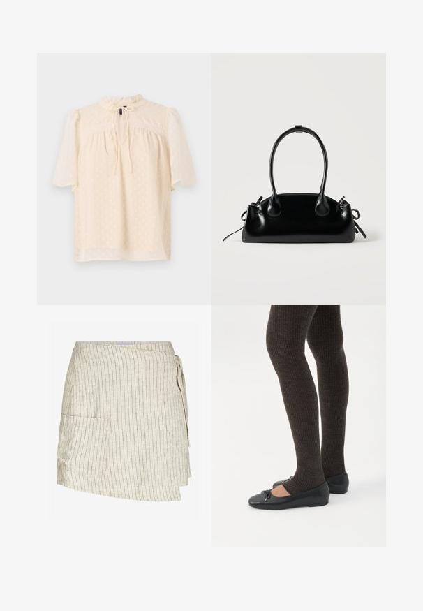 Lyse beige bluse med puffede ærmer, tekstureret stof med subtile prikker, nøglehulshalsudskæring med bånd og blondekant langs bærestykket.; Beige omslagsskjørt med lodrette striber. Har en sidelomme, strukturert stof og justerbar snorelukning i taljen.; Ben iført mørke ribbede leggings kombineret med sorte balletsko med små sløjfedetaljer på hvid baggrund.; Lille sort blank håndtaske med to lange håndtag og snøre-detaljer i siden på en ensfarvet lys baggrund.