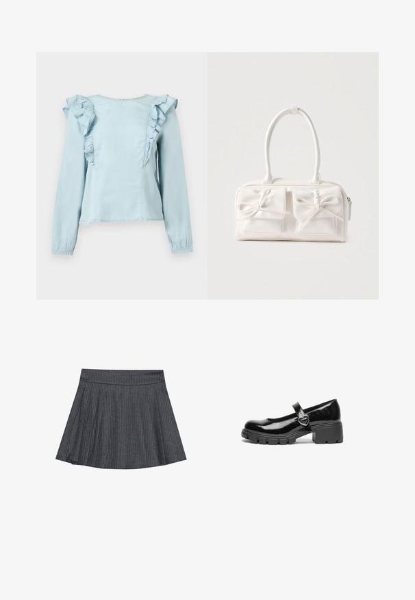 Blouse bleu clair à manches longues avec bordure à volants le long des épaules avant et poignets élastiques sur un fond uni.; Jupe patineuse grise à rayures générales avec une taille ajustée, en forme évasée A et texture de tissu douce. Les lignes verticales renforcent l'intérêt visuel.; Chaussure Mary Jane en cuir verni noir avec un talon épais, un bout rond et une sangle ornée d'une boucle en forme de cœur.; Sac à main synthétique blanc avec deux poches avant, chacune ornée d'un nœud noué. Texture lisse, anses arrondies et fermeture zippée.
