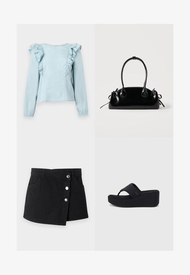 Blouse bleu clair à manches longues avec bordure à volants le long des épaules avant et poignets élastiques sur un fond uni.; Mini-jupe en denim noir avec rabat asymétrique à l’avant, trois boutons-pression argentés, passants de ceinture et deux poches latérales.; Sandale tong à plateforme noire avec une large bride et un design à lanière d'orteil. Fabriquée en matériau lisse, avec une semelle rembourrée et un marquage minimaliste.; Petit sac à main noir brillant avec deux longues anses et des détails à cordon sur les côtés sur un fond clair uni.