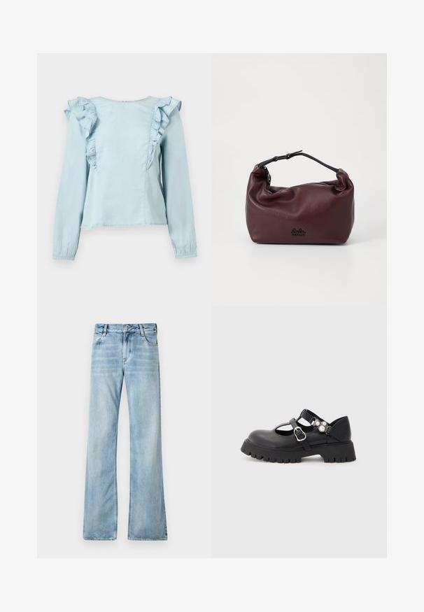 Hellblaue Langarmbluse mit Rüschensaum entlang der vorderen Schultern und elastischen Bündchen vor einfachem Hintergrund.; Hellblaue, ausgestellte Jeans aus Denim mit einem Fünf-Taschen-Design, Knopfverschluss und sanften Ausbleichungen für einen getragenen Effekt.; Schwarze Leder-Mary-Jane-Schuhe mit abgerundetem Zeh, verstellbaren Riemen, dicker Gummisohle und Perlenakzenten an der Seite.; Burgundyledertasche mit weicher, zerknitterter Textur, einem schwarzen, verstellbaren Tragegurt und einem Reißverschluss. Beinhaltet ein dezentes Logo an der Unterseite.