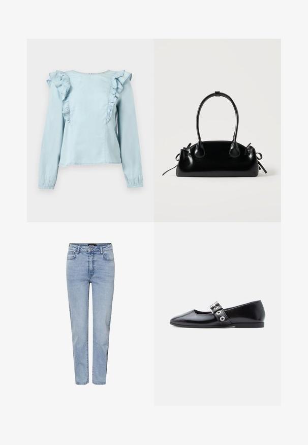 Blusa de manga larga azul claro con volante a lo largo de los hombros delanteros y puños elásticos sobre un fondo liso.; Vaqueros azul claro de tiro alto y pierna recta con botón delantero, cremallera y diseño de cinco bolsillos.; Zapato plano de charol negro con puntera cuadrada, detalle de hebilla lateral y tacón bajo y redondeado. Textura suave y diseño minimalista.; Pequeño bolso negro brillante con dos asas largas y detalles de cordón lateral sobre un fondo claro liso.