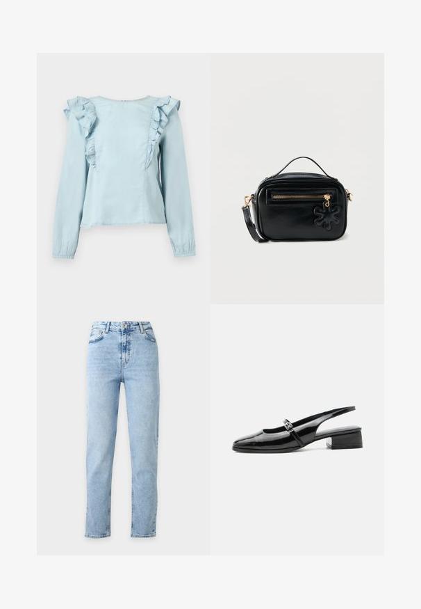 Blusa de manga larga azul claro con volante a lo largo de los hombros delanteros y puños elásticos sobre un fondo liso.; Vaqueros de denim azul claro de talle alto y pernera recta, con cierre frontal de botón y cremallera, bolsillos delanteros y traseros, mostrados sobre un fondo blanco.; Zapato slingback de charol negro con tacón bajo y grueso y una fina correa con hebilla de plata en la parte superior.; Bolso bandolera compacto de cuero negro con cremallera dorada, pequeño asa superior, correa desmontable y un charm en forma de flor negra en el bolsillo frontal.