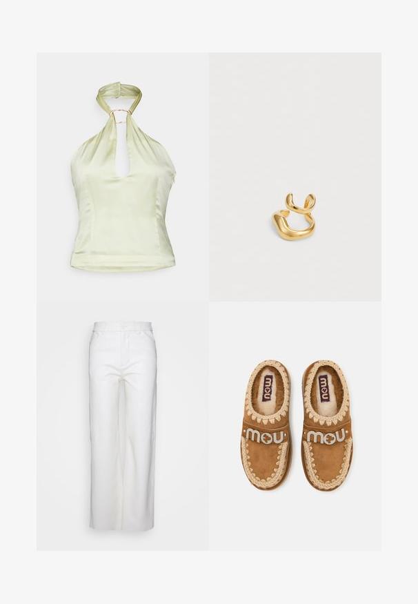 Rejina Pyo TILDA - Débardeur - silk satin butter; Pantalons droits blancs avec fermeture à bouton et à glissière, passants de ceinture et poches avant, présentés sur un fond blanc uni.; Paire de chaussons mocassins marron avec bordure tricotée crème et doublure intérieure douce, chacun avec une bride portant le logo "mou" sur le dessus.; Bague en or arborant un design fluide et organique avec deux bandes incurvées se chevauchant. Texture lisse et brillante avec une finition polie.