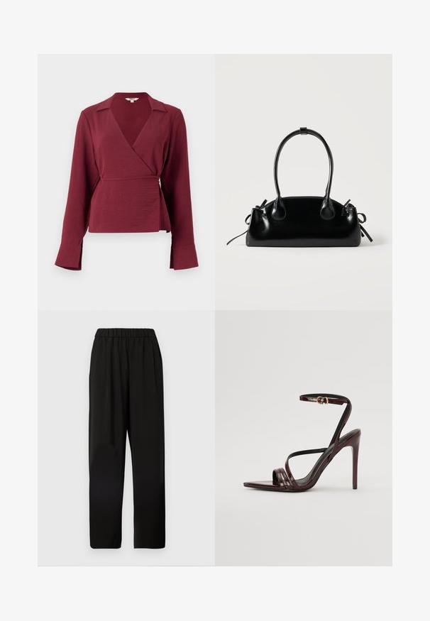 Blouse enveloppante bordeaux avec des manches longues, un col en V, et un détail noué à la taille, comportant un tissu texturé et des ourlets de manches évasées.; Pantalons larges noirs avec une taille élastique, fabriqués en tissu doux, présentant une coupe décontractée et une forme droite.; Sandale à talons hauts en cuir verni bourgogne avec une bride de cheville, bout pointu et trois bandes horizontales sur le pied. Détail de boucle dorée.; Petit sac à main noir brillant avec deux longues anses et des détails à cordon sur les côtés sur un fond clair uni.