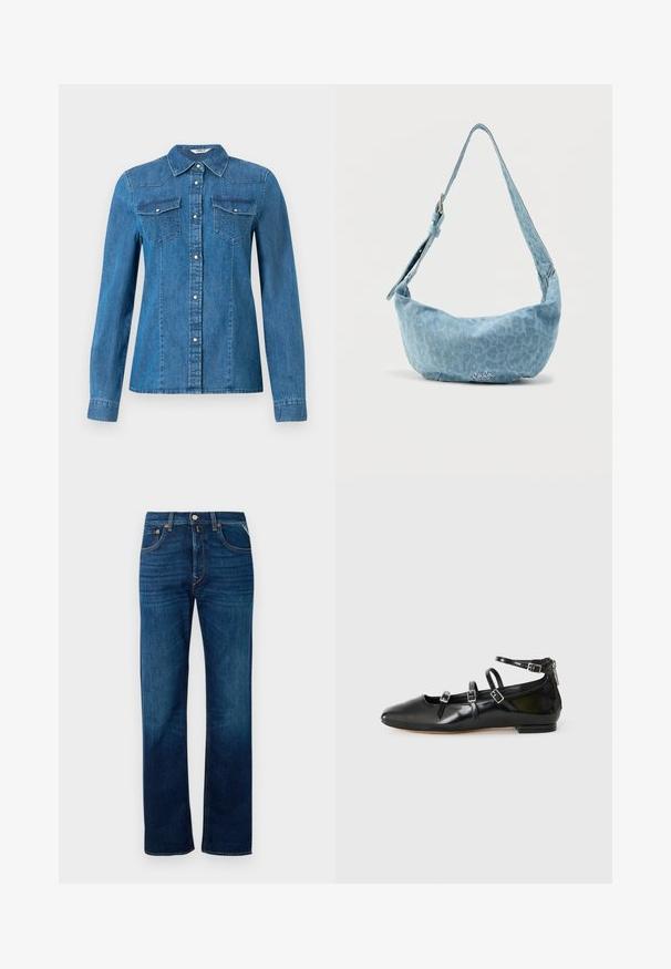 Camisa de denim en un color azul medio, con frente abotonado, dos bolsillos en el pecho y cuello con solapa. Textura suave con costuras decorativas.; Jeans de mezclilla en azul oscuro con un diseño de pierna recta, estilo de cinco bolsillos y un ligero desvanecimiento. Presentan un cierre frontal con botón y hebillas para cinturón.; ALDO NELTA - Bailarinas - black; Bolso de hombro de mezclilla azul claro con forma curva, correa ajustable y sutil estampado de leopardo. Presenta un detalle con el logotipo en el frente.