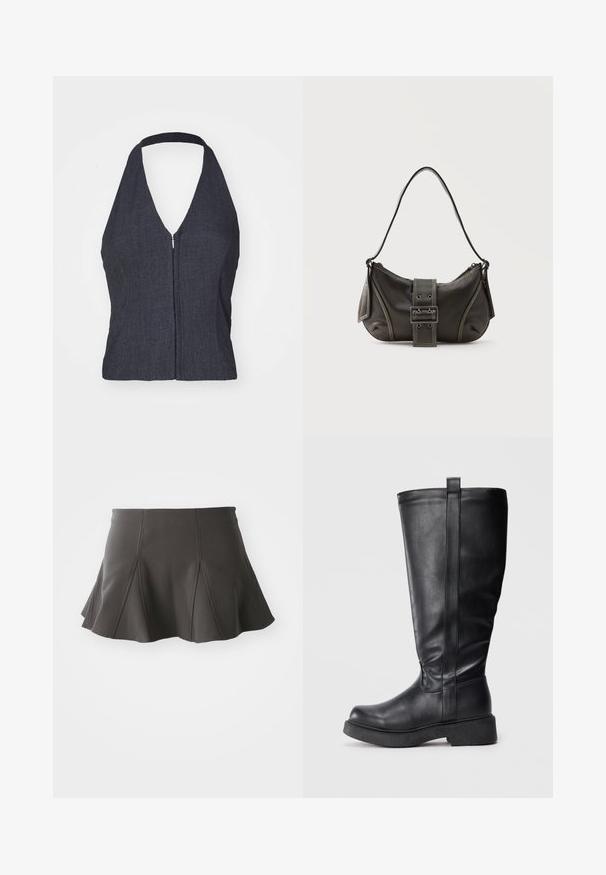 Tmavé džínové halter top s hlbokým V-výstrihom, predným zipsom a priliehavým strihom. Hladká textura a minimalistický štýl.; Čierna rozšírená sukňa s priliehavým pásom, zdobená vertikálnymi švami a hladkou textúrou. Spodný lem je jemne zakrivený a končí nad stredom stehna.; Čierne vysoké čižmy po kolená z hladkej kože s okrúhlou špičkou, plochou podrážkou a vertikálnym švovým detailom pozdĺž strany.; Čierna kožená kabelka cez rameno s detailom prackového popruhu, zaoblenými okrajmi a kontrastným bielym prešívaním na jednoduchom pozadí.