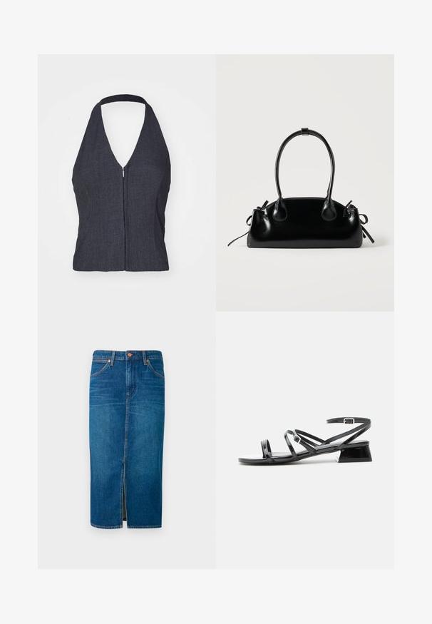 Donkerdenim haltertop met een diepe V-hals, ritssluiting aan de voorkant en een aansluitend ontwerp. Glad textuur en minimalistische stijl.; Denim midi-schoot in diepblauw met een voorknof, vijf zakken, oranje stiksels en een beveiligde tailleband met twee metalen knopen.; Zwarte lak leren sandaal met lage hak, met meerdere dunne bandjes en een klein gespsluiting om de enkel, op een witte achtergrond.; Kleine zwarte glanzende handtas met twee lange hengsels en zijkant trekkoord details op een effen lichte achtergrond.