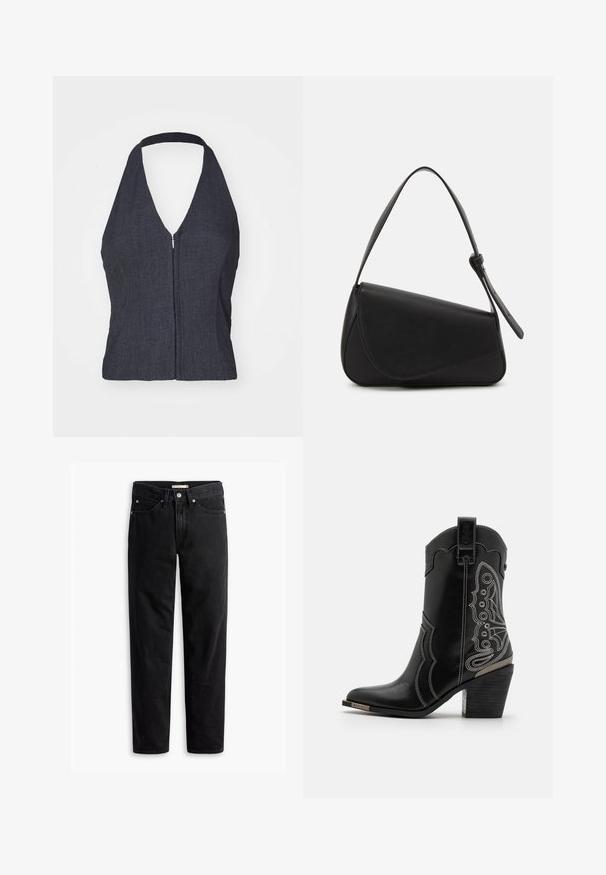 Donkerdenim haltertop met een diepe V-hals, ritssluiting aan de voorkant en een aansluitend ontwerp. Glad textuur en minimalistische stijl.; Zwarte straight-leg jeans met knoop- en ritssluiting, riemlussen en voor- en achterzakken, plat gelegd op een witte achtergrond.; Zwarte leren cowboylaars met witte stiksels en een sierlijk ontwerp aan de zijkanten. De hak is chunky en textuur, met een metallic accent.; Zwart leren handtas met een driehoekige vorm, schuine klep en een ronde handgreep. Heeft een gladde textuur en minimalistische ontwerpelementen.