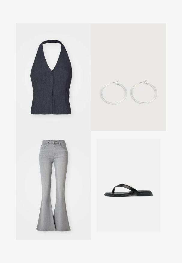 Haut halter en denim foncé avec un décolleté en V profond, fermeture éclair sur le devant et design ajusté. Texture lisse et style minimaliste.; Jean en denim gris clair taille haute avec des jambes évasées, bouton frontal, fermeture éclair, et poches avant et arrière.; Sandale noire plate en forme de tongs avec une bride texturée et un talon légèrement surélevé, montrée en profil latéral sur un fond clair uni.; Paire de boucles d'oreilles créoles argentées brillantes avec fermoirs en fil fin, présentée sur un fond gris clair.