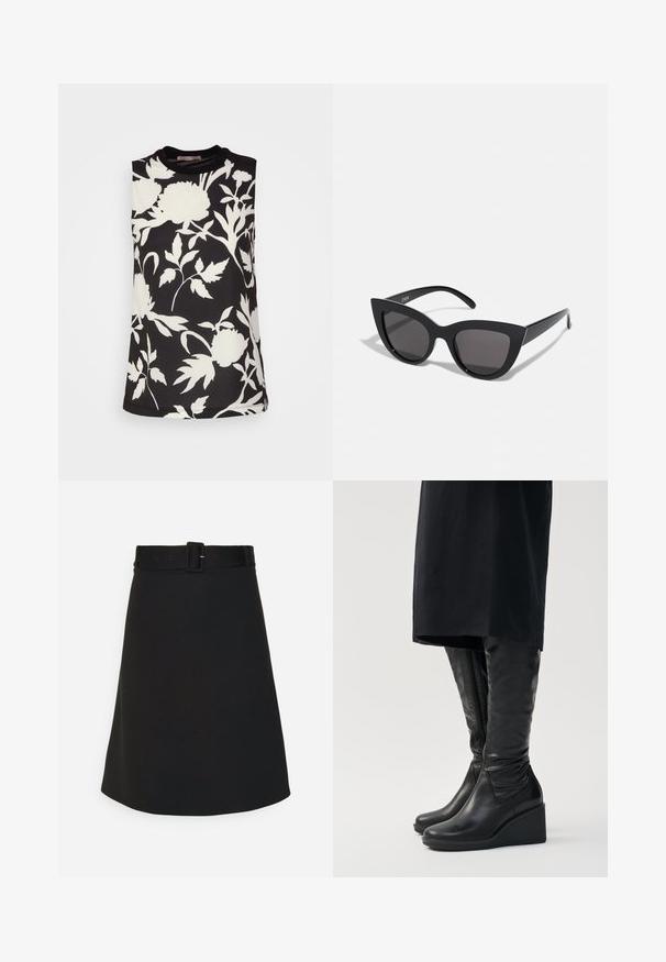 Anna Field by Zalando Bluse - black; Anna Field by Zalando PUNTO MINI - Mini skirts - black; Sorte læder knæhøje støvler med kilehæle, der har en glat tekstur og en lynlås i siden. Designet med en strømlinet, tætsiddende silhuet.; Sorte cat-eye solbriller med mat finish, der har grå tonede linser, skarpe vinkler og slanke sidearme. Mærkenavnet er synligt på den indre arm.