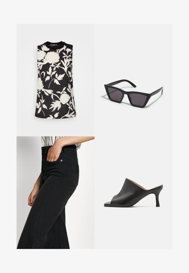 Anna Field by Zalando Bluse - black; Sorte jeans i bred benstil med høj talje, forlommer og en baglappe. Glat tekstur med minimale syningsdetaljer.; Selected ASHLEY - Mules med hæl - black; Sorte, kantede solbriller med grå linser; lavet af plast, med tykke stænger med en glat overflade og ingen synlig hardware.