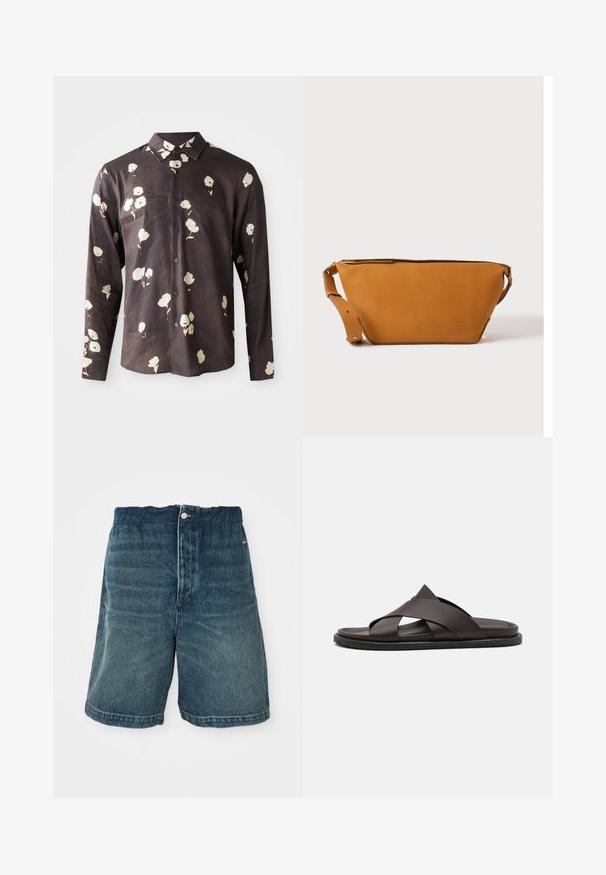 Camisa de botones de manga larga en tejido oscuro con un patrón floral en crema. Presenta un cuello clásico y botones en la parte delantera, con una textura suave.; Pantalones cortos de mezclilla en azul oscuro con un ajuste holgado, que cuentan con un cierre de botón y costuras visibles a lo largo del dobladillo y los bolsillos.; Stuart Weitzman BERKLEY - Sandalias planas - espresso; Bolso bandolera de cuero marrón claro con correa ajustable y cierre de cremallera, mostrado sobre un fondo claro y liso.