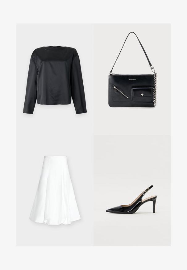 Blouse noire en satin à manches longues avec un col rond et une coupe décontractée, présentée à plat sur un fond clair.; Jupe midi blanche taille haute avec un ourlet bouffant et des coutures verticales sur un fond gris clair uni.; Pompe slingback en cuir verni noir avec un bout pointu, un talon fin et un design de découpes subtil. Elle dispose d'une boucle dorée sur la sangle.; Sac à bandoulière en cuir noir Michael Kors avec fermeture éclair supérieure, poche avant zippée en diagonale, poche à rabat avec bouton-pression et détail en chaîne argentée.