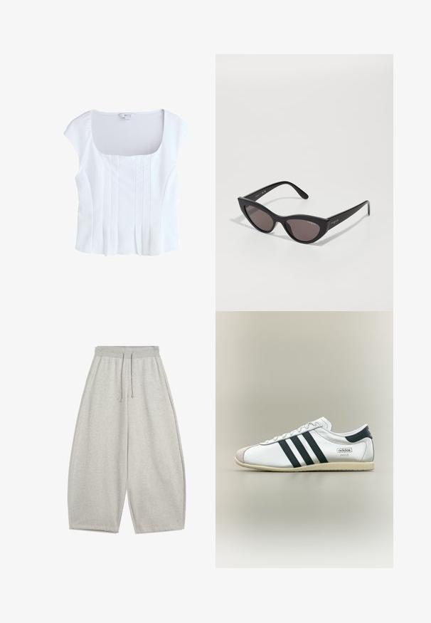 Witte blouse met korte mouwen, vierkante halslijn en verticale plooien aan de voorkant, met label van merk Next, plat gelegd op een witte achtergrond.; Lichtgrijze wijde sweatpants met elastische tailleband en trekkoord, voorzien van zijzakken en een ontspannen pasvorm.; Witte Adidas Paris sneaker met zwarte strepen, beige zool en suède neuskap, vanaf de zijkant getoond tegen een neutrale achtergrond.; Kattenooth-schoenen met een matte zwarte brilrand en donkere lenzen, voorzien van "vogue" branding aan de zijkant en een onderscheidende hoekige vorm.