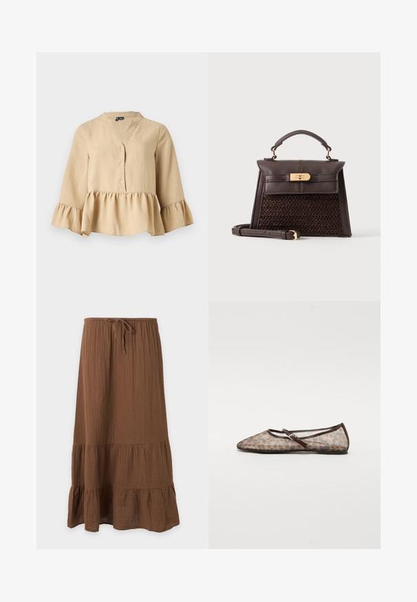 Blouse beige à manches longues avec col en V, trois boutons sur le devant, et ourlet et poignets à volants sur fond uni.; Jupe midi marron en tissu texturé, taille élastique, lien ajustable et ourlet à volants à étages, suspendue devant un fond blanc.; Ballet flats en maille transparente avec un motif léopard, des bordures marron, une sangle sur le dessus et un design à bout pointu. Semelle plate.; Sac à main en cuir marron foncé avec poignée supérieure, panneau avant tissé, fermoir doré à tourniquet et bandoulière amovible sur fond uni.