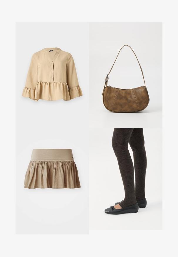 Beige bluse med lange ærmer, V-hals, tre knapper foran og flæsekant og manchetter på ensfarvet baggrund.; Beige bomuldsnederdel med en rynket kant, der har et bredt elastisk taljebånd. Let materiale med en blød tekstur og afslappet design.; Ben iført mørke ribbede leggings kombineret med sorte balletsko med små sløjfedetaljer på hvid baggrund.; Brun faux læder skuldertaske med en buet form, en enkelt strop, kontrasterende syninger og en lynlåslukning langs den øverste kant.