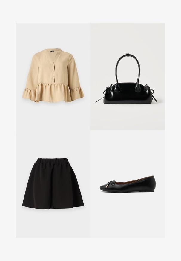 Blusa beige de manga larga con escote en V, tres botones en la parte delantera y volante en el dobladillo y los puños sobre un fondo liso.; Falda negra con cintura elástica, forma en línea A y dobladillo a la altura de la rodilla, diseño liso, mostrada extendida sobre un fondo blanco.; Zapato bailarín plano de cuero negro con punta redondeada, pequeño lazo con extremos dorados y un tacón bajo y plano sobre fondo gris.; Pequeño bolso negro brillante con dos asas largas y detalles de cordón lateral sobre un fondo claro liso.