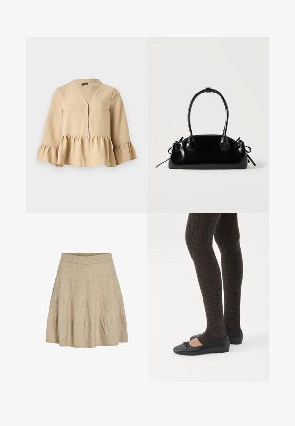 Blouse beige à manches longues avec col en V, trois boutons sur le devant, et ourlet et poignets à volants sur fond uni.; Une jupe courte beige en tissu doux et texturé, avec une taille côtelée et de légères plis près de l'ourlet.; Jambes portant des leggings côtelés foncés associés à des ballerines noires avec de petits détails en nœud sur fond blanc.; Petit sac à main noir brillant avec deux longues anses et des détails à cordon sur les côtés sur un fond clair uni.