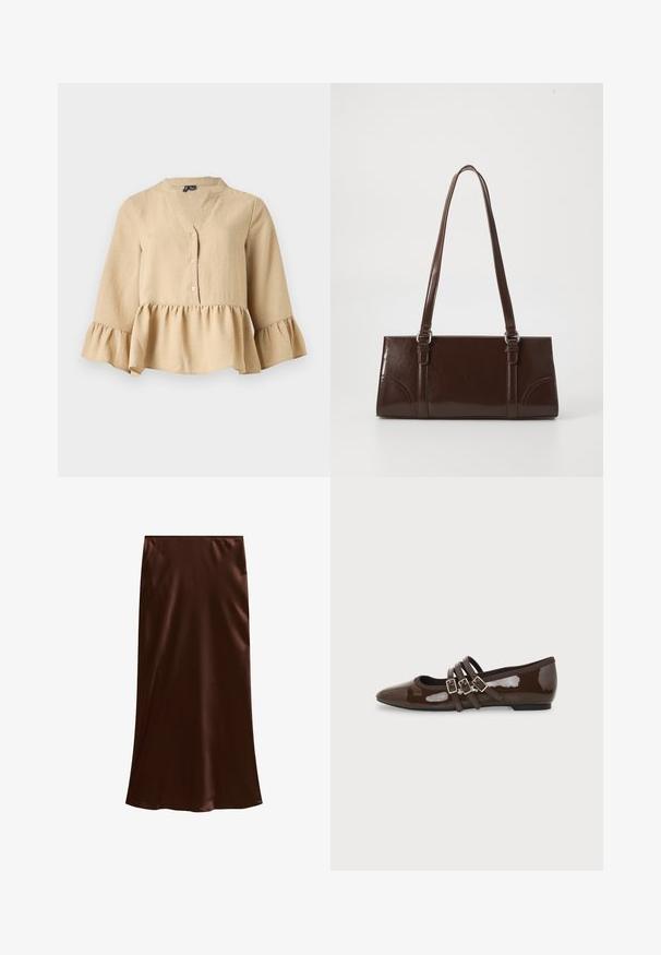 Blouse beige à manches longues avec col en V, trois boutons sur le devant, et ourlet et poignets à volants sur fond uni.; Jupe midi en satin marron avec une texture lisse et une silhouette évasée, présentée sur un fond blanc.; Chaussure plate en cuir verni marron avec bout pointu et trois brides ajustables à boucle sur le côté, vue du profil extérieur.; Sac à main en cuir verni marron de forme rectangulaire, avec deux longues poignées et des accents courbés subtils à l'avant.