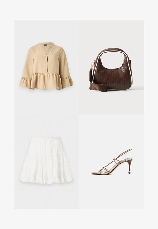 Blouse beige à manches longues avec col en V, trois boutons sur le devant, et ourlet et poignets à volants sur fond uni.; Jupe blanche à volants avec taille élastique et ourlet volanté, fabriquée en tissu léger.; Sandale à talon haut motif peau de serpent beige et marron avec fines lanières et perles dorées, talon en bois fin avec embout doré.; Sac à main en cuir tressé marron avec passepoil blanc, fermeture éclair dorée et bandoulière amovible en tissu marron.