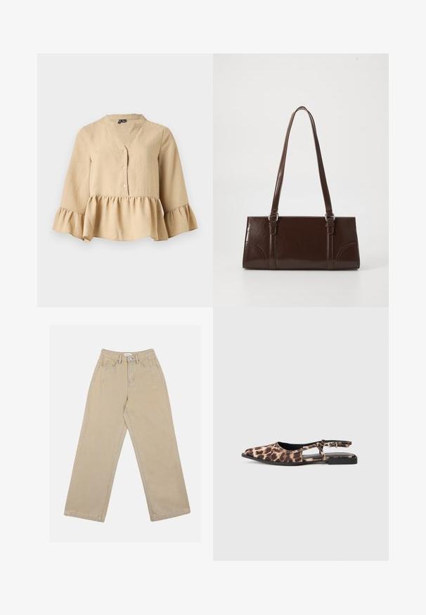 Beige bluse med lange ærmer, V-hals, tre knapper foran og flæsekant og manchetter på ensfarvet baggrund.; Beige vidde benbukser lavet af denim, med høj talje, frontlommer og kontrast søm. Designet inkluderer en knaplukning.; Sandal med leopardprint i flad slingback-stil, spids tå, åben side og lille sort hæl. Materialet virker glat med en let glans.; Brun lakeret håndtaske med rektangulær form, to lange håndtag og subtile buede detaljer på fronten.