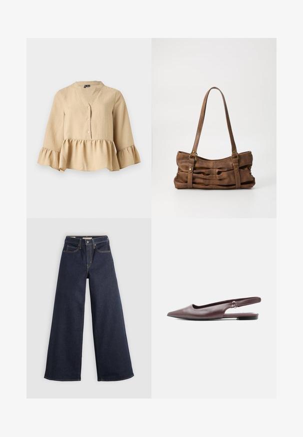 Beige bluse med lange ærmer, V-hals, tre knapper foran og flæsekant og manchetter på ensfarvet baggrund.; Bredde ben denim jeans i mørkeblå med kontrastsyninger. Har det traditionelle fem-lomme design og en knaplukning ved taljen.; Bourgognefarvet spids tå slingback flad sko med lav hæl og justerbar rem på hvid baggrund.; Even&Odd Håndtasker - brown